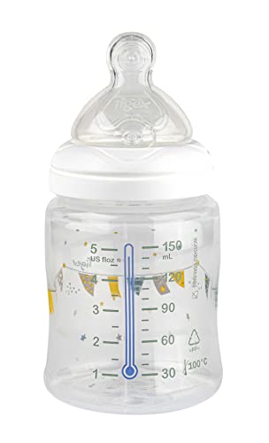 Tigex Transition+ biberÃ³n con alerta de temperatura | 0-6Â meses | 150Â ml | Tetina de silicona | AnticÃ³licos | Sin BPA | Banderitas amarillas y grises