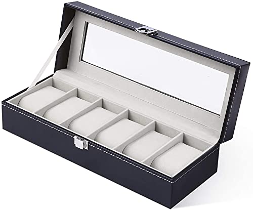 Ohuhu Caja de reloj para 6 relojes Box Storage con tapa de cristal negro de piel sintÃ©tica, 6-Compartimiento Caja de reloj de cuero Mantenga los relojes en orden - Gris