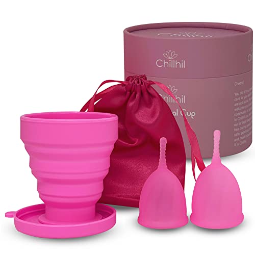 Chillhil Copa Menstrual Reutilizable con Vaso Esterilizador Plegable para Microondas - Set de 2 Copas Menstruales para el Periodo Tallas S y L