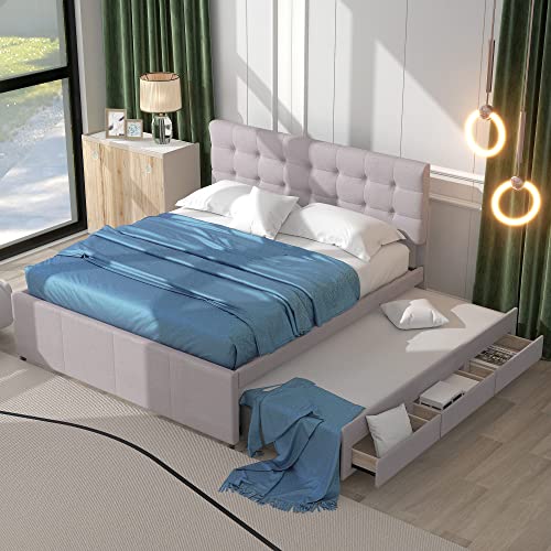 Cama acolchada de 140 x 200 cm, cama doble de lino, cama familiar, cama matrimonial con tres cajones, cama extensible, cabecero ajustable (beige)