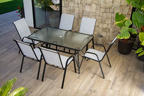 DUPI Conjunto Mesa y sillas Jardin con 6 Sillas Exterior Palma Mesa de Cristal de 150x90cm Color Negro, Ideal para Jardines, terrazas y Exteriores.